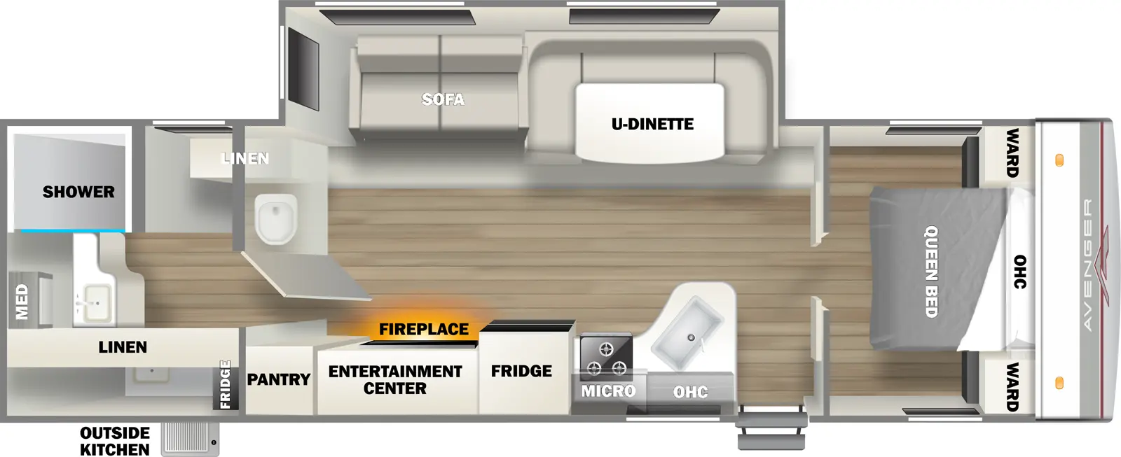 The 27RBS has one slideout and one entry. Exterior features outside kitchen. Interior layout front to back: foot-facing queen bed with overhead cabinet and wardrobes on each side; off-door side slideout with u-dinette and sofa; door side entry, peninsula kitchen counter with sink, overhead cabinet, microwave, cooktop, refrigerator, entertainment center with fireplace below, and pantry; rear full bathroom with linen closet, and medicine cabinet.